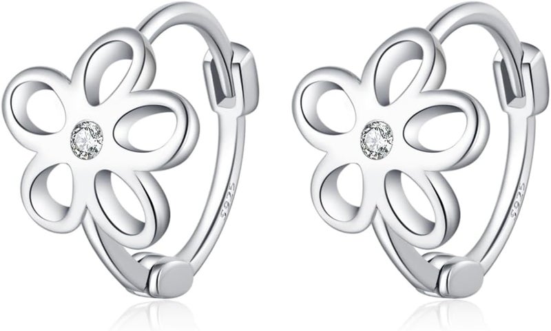 Reffeer Solid 925 Sterling Silver Flower Hoop Earrings Huggie for Women Teen Girls CZ Flower Hoop Earrings Spring - Image 1
